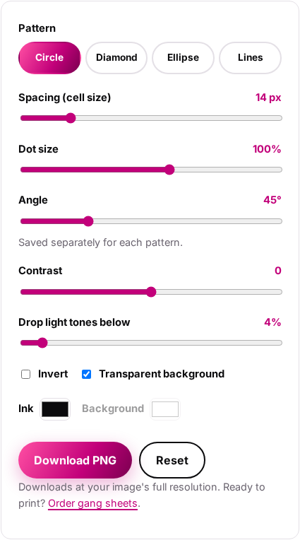 The SnapDTF halftone tool controls: pattern, spacing, dot size, angle, contrast, ink color and Download PNG